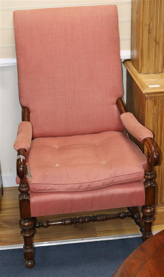 A pair of 17th century style mahogany armchairs, W.2ft 2in. D.2ft 10in. H.3ft 8in.